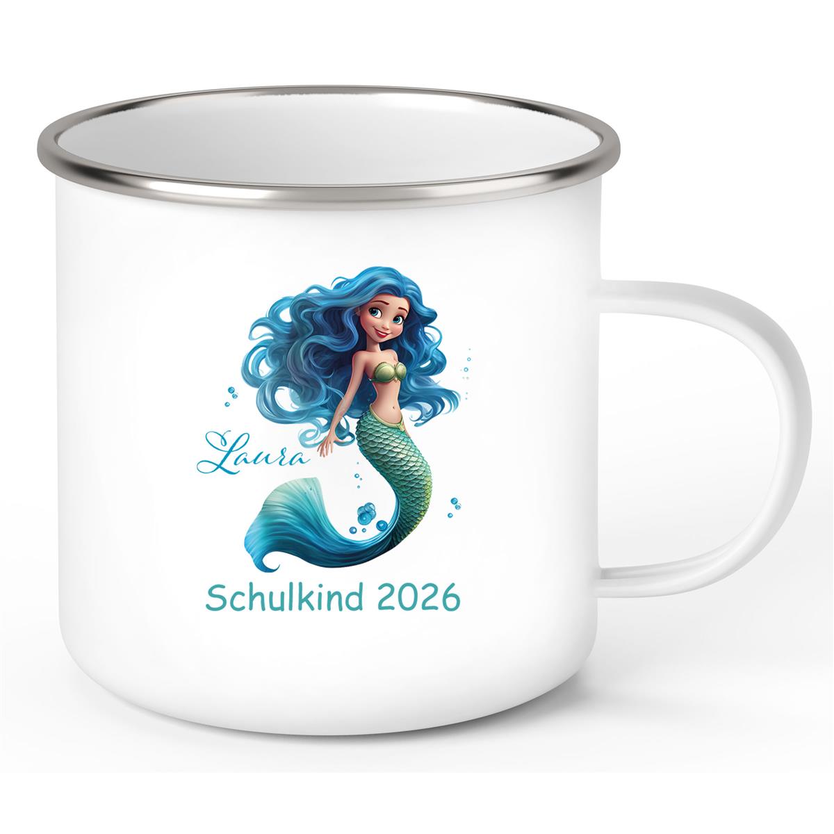 Tasse Schulkind 10 Wunschname Meerjungfrau 1 Emaille Kinderbecher Personalisiert