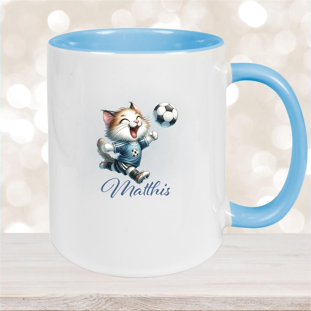 Tasse Wunschname Fußball 18 Personalisiert Katze Keramik Kinderbecher versch. Farben