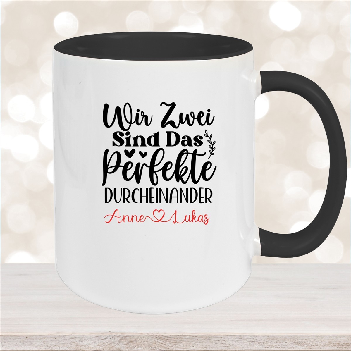 Tasse Liebe - "Wir Zwei sind das perfekte Durcheinander" Valentinstag Wunschnamen Keramik personalisiert versch. Farben Schwarz