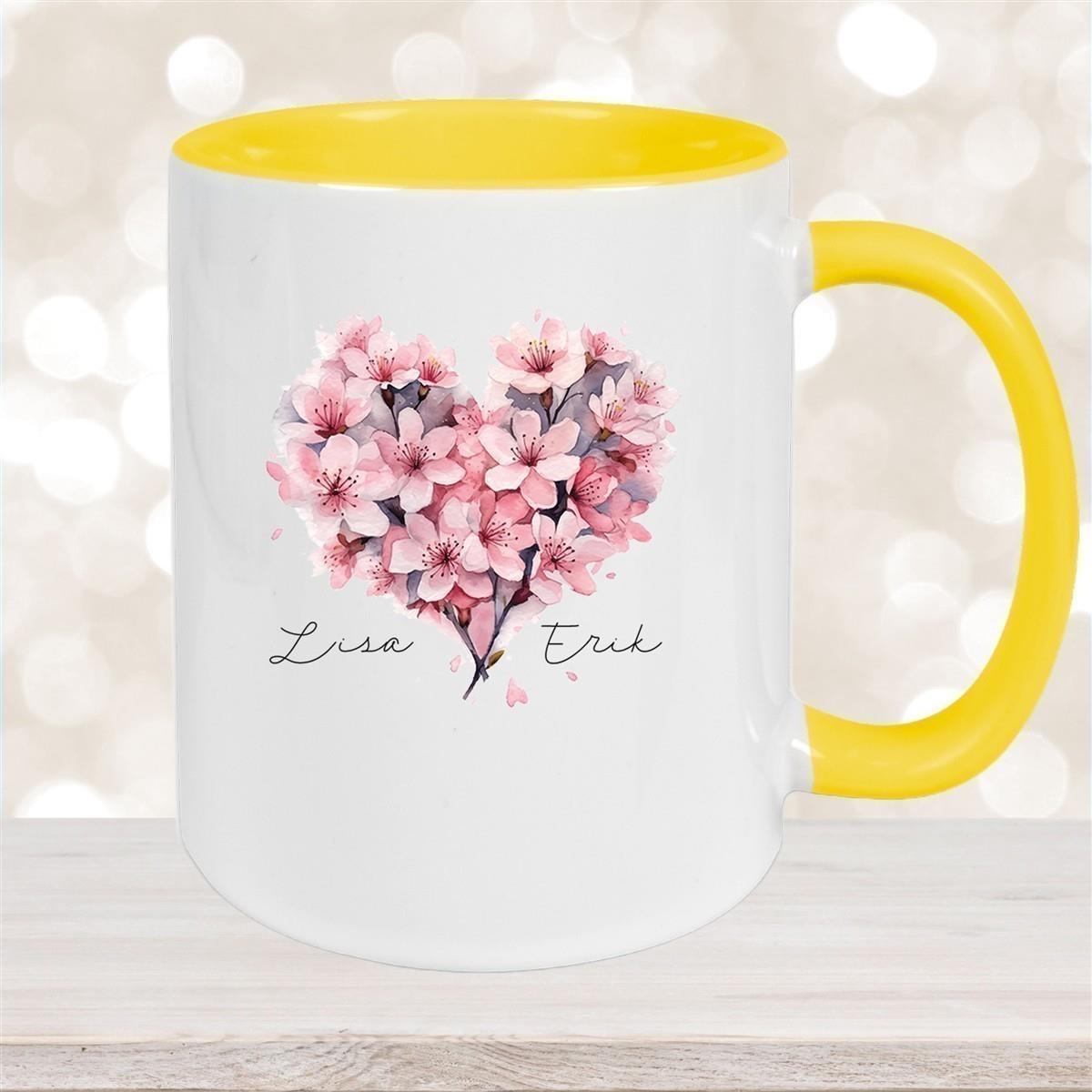 Tasse Liebe - Kirschblüten-Herz Valentinstag Wunschnamen Keramik personalisiert versch. Farben