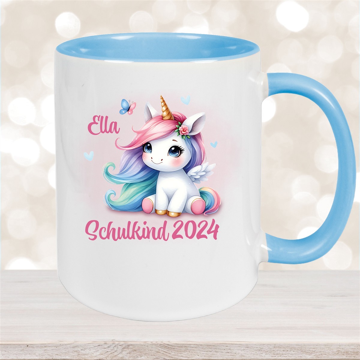 Tasse Schulkind #09 Wunschname Einhorn #2 Keramik Kinderbecher Personalisiert Hellblau