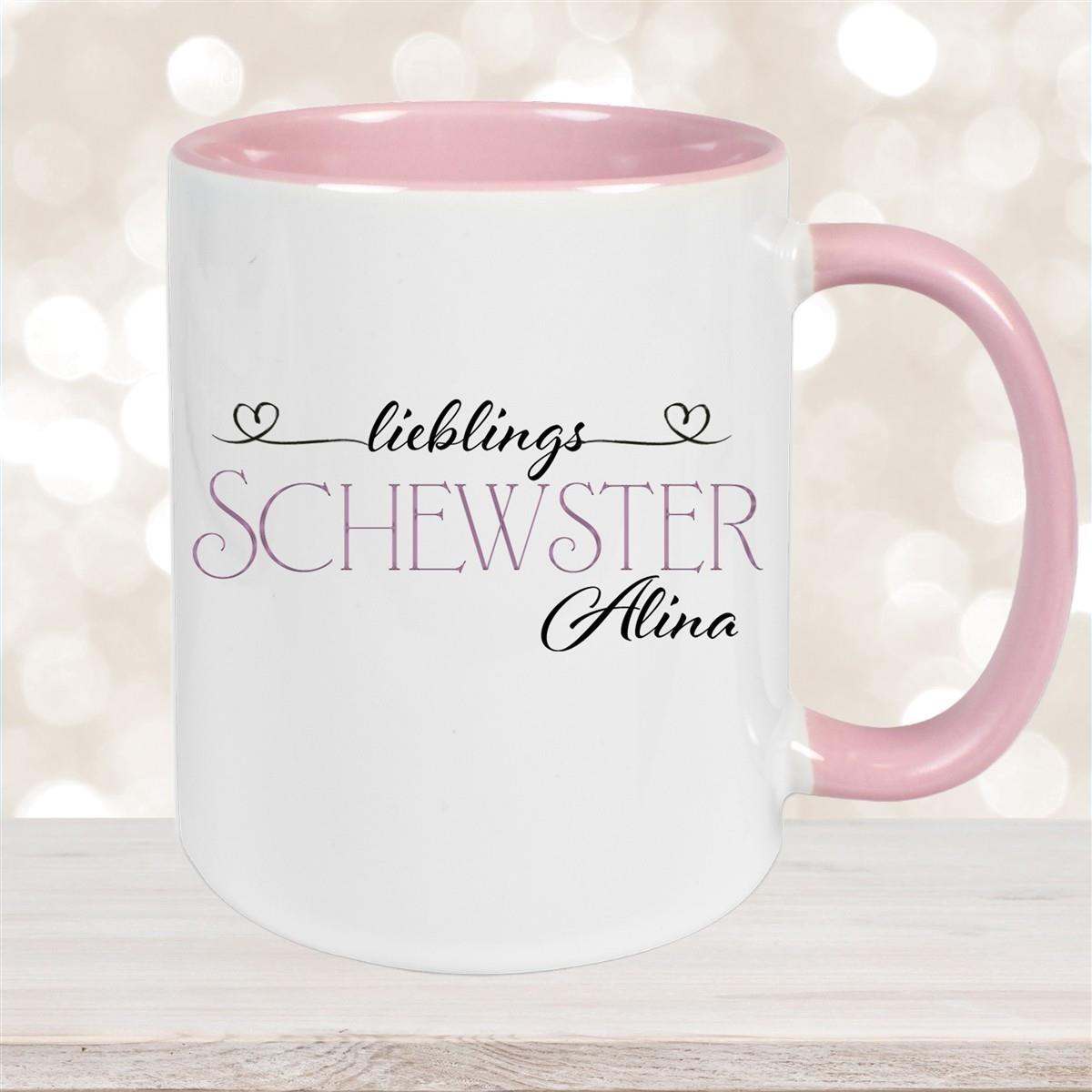 Tasse Wunschname Lieblings-Schwester 1 personalisiert Keramik Becher versch. Farben