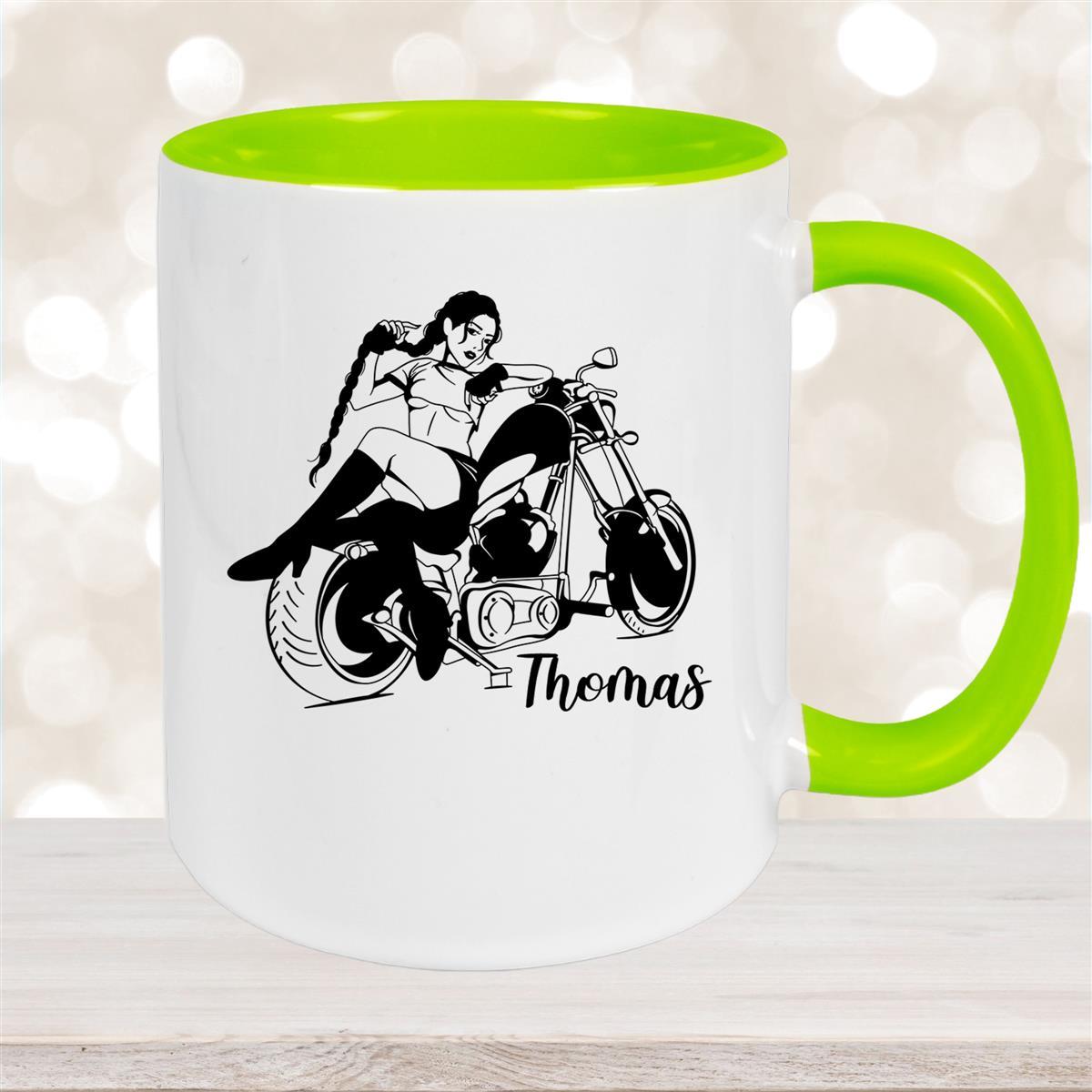Tasse Bike #01, Biker Girl, Motorrad Keramik personalisiert Grün