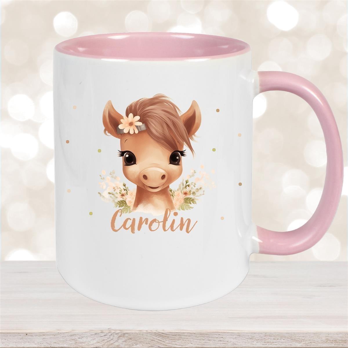 Tasse Pferd 6 Wunschname Keramik Kinderbecher personalisiert versch. Farben