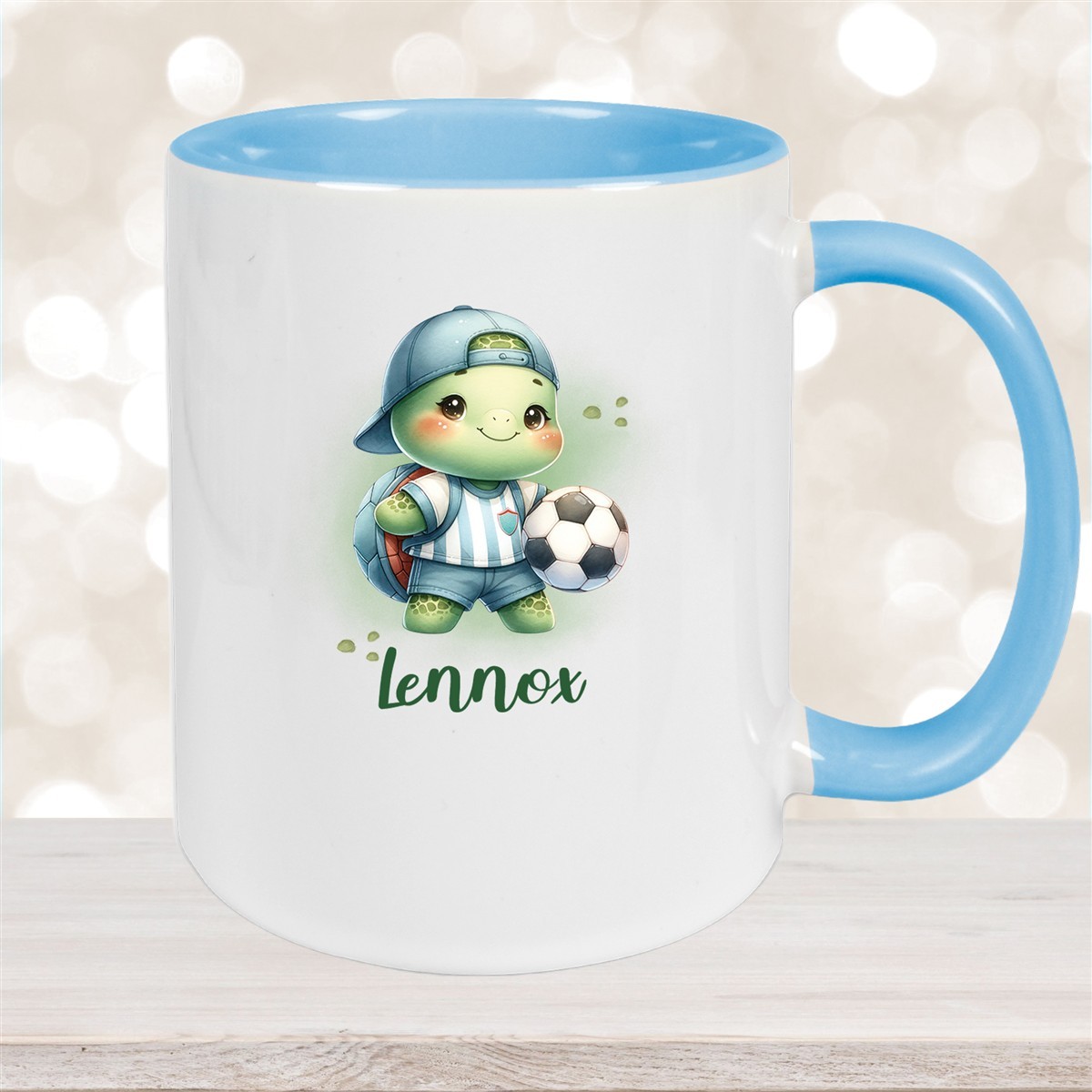 Tasse Wunschname Fußball #14 Personalisiert Keramik Kinderbecher Hellblau