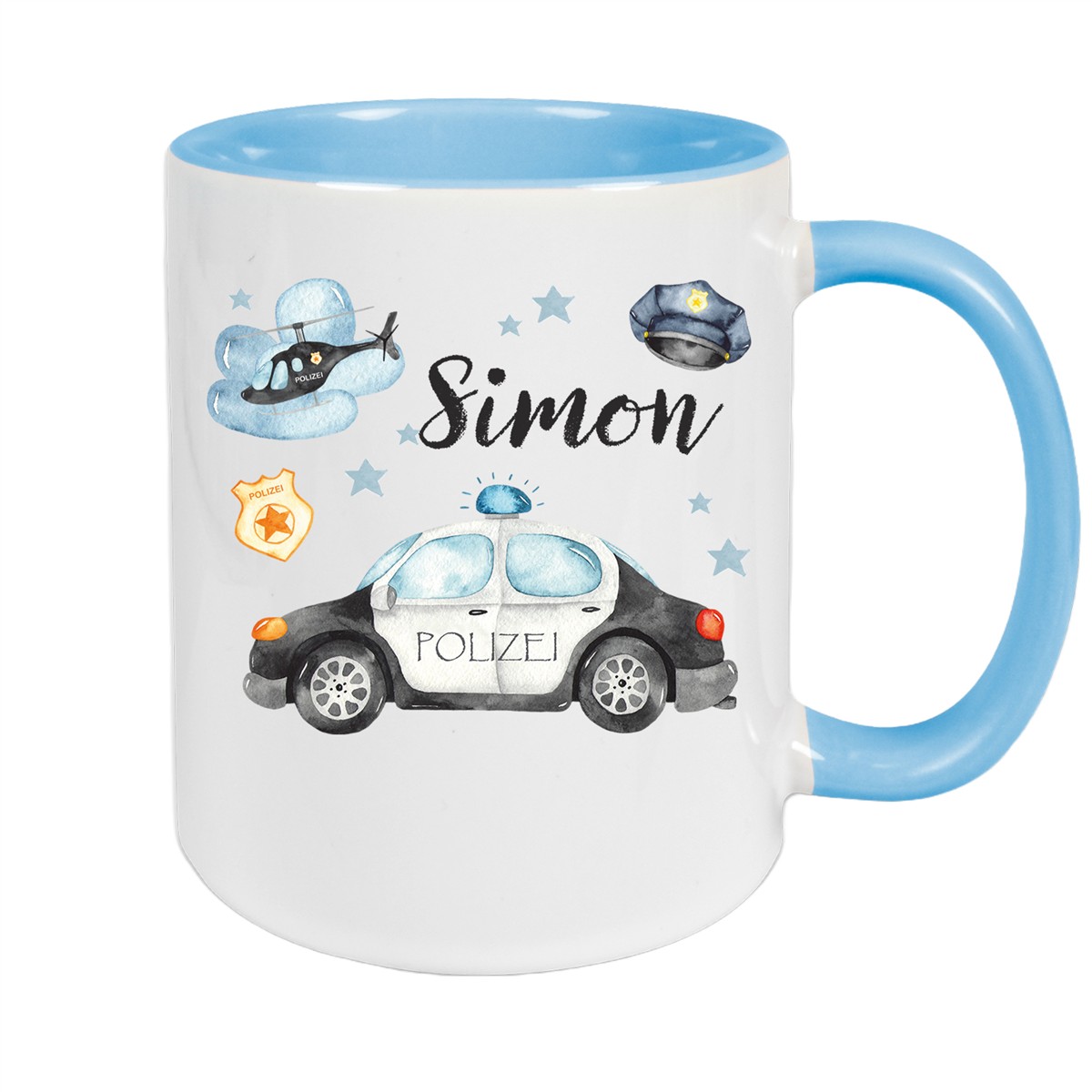 Tasse Polizei #3 Wunschname Keramik Kinderbecher personalisiert Hellblau