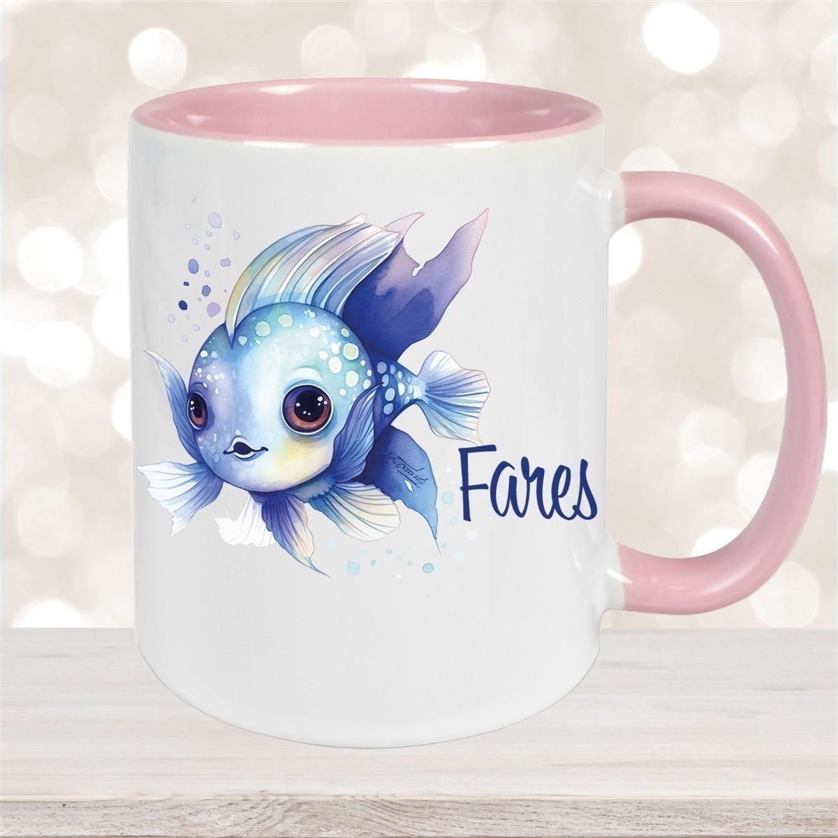 Tasse Wunschname Meerestiere-Fisch 2 Keramik Kinderbecher versch. Farben