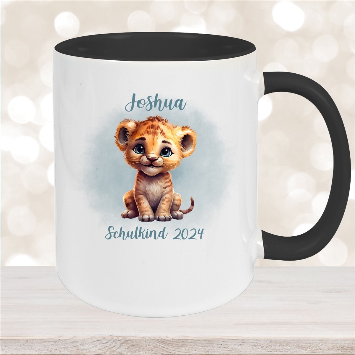 Tasse Schulkind #07 Wunschname Tiger #1 Keramik Kinderbecher Personalisiert Schwarz