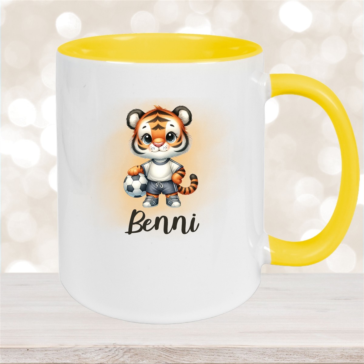 Tasse Wunschname Fußball #16 Personalisiert Tiger Keramik Kinderbecher Gelb