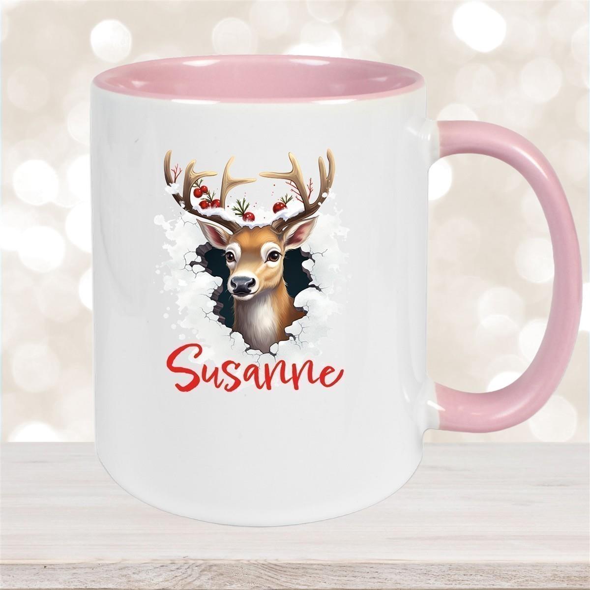 Tasse Wunschname Christmas Rentier 2 Keramik Kinderbecher versch. Farben