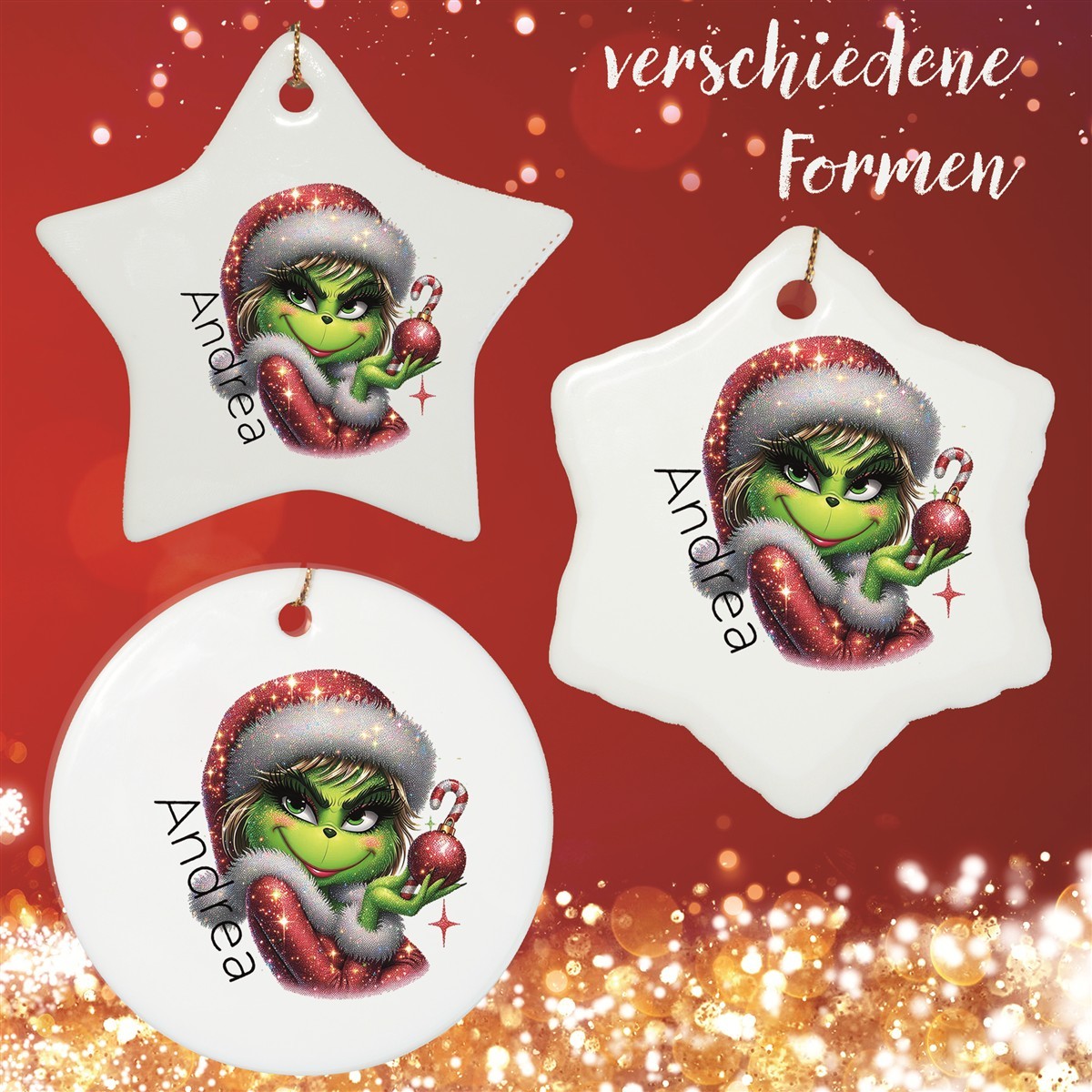 Christbaumanhänger Weihnachten Lady - Grinch #3 Ornament Christbaumschmuck versch. Formen Christbaumanhänger Weihnachten Lady - Grinch #3 Ornament Christbaumschmuck Rund
