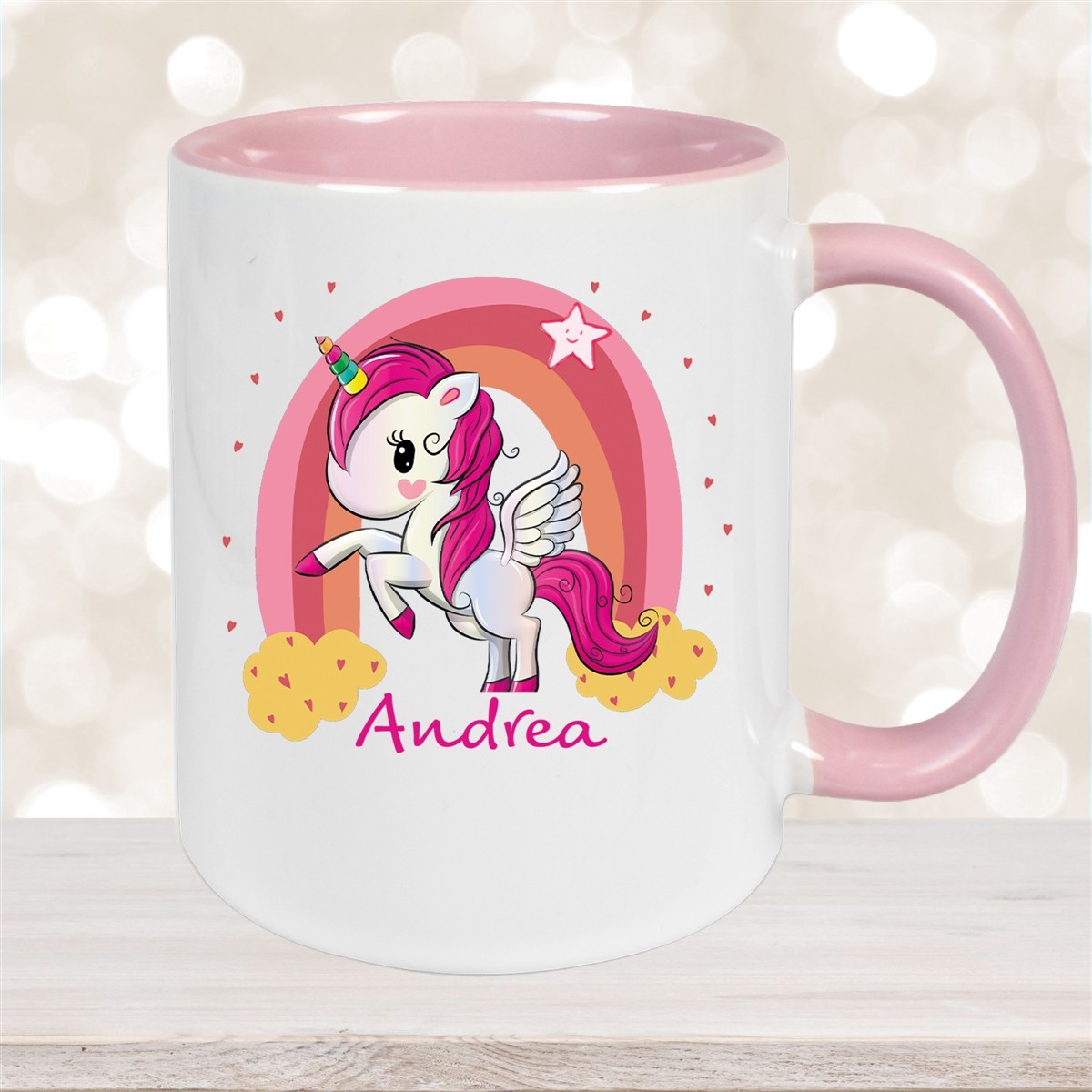 Tasse Wunschname Regenbogen-Einhorn Keramik Kinderbecher personalisiert Altrosa