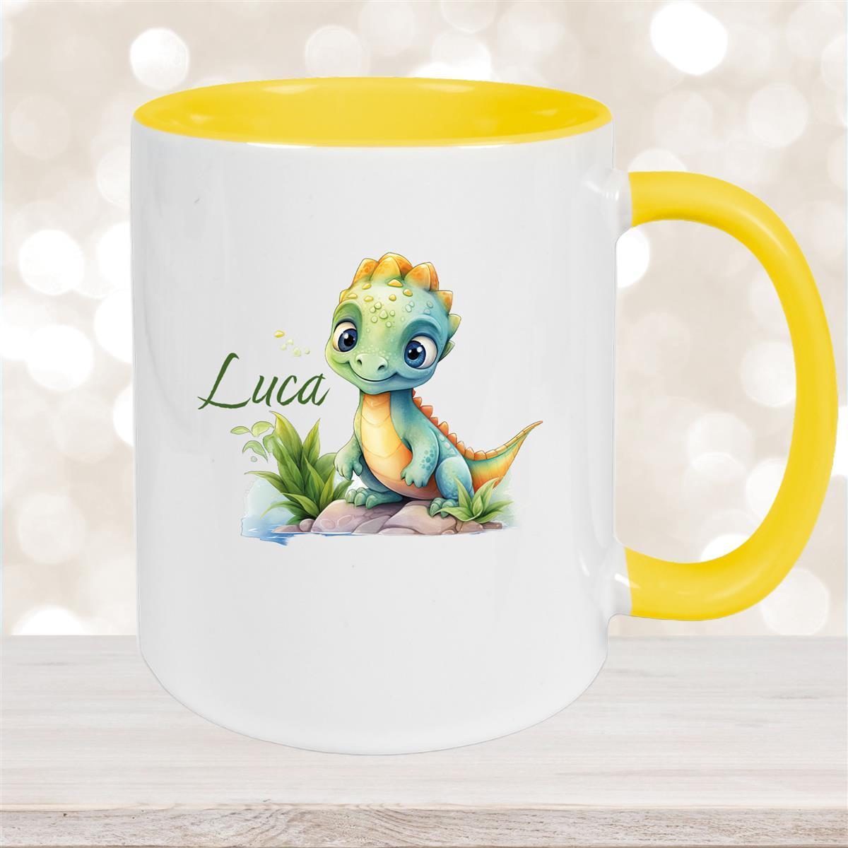 Tasse Dino #11 Wunschname Keramik Kinderbecher Personalisiert Gelb