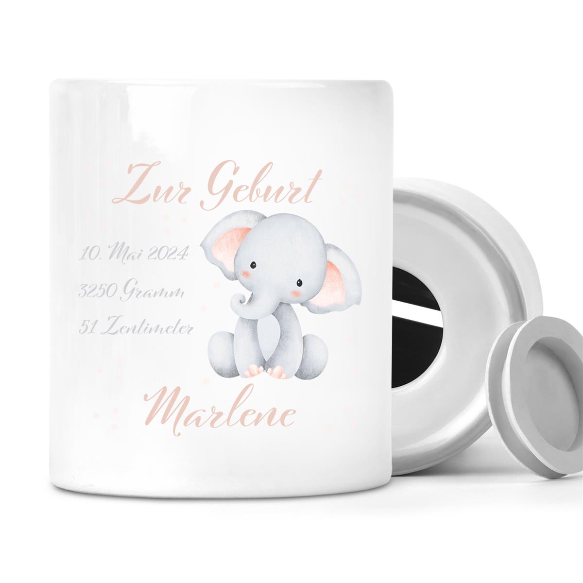 Spardose mit Wunschname Geburt Elefant 1 personalisiert