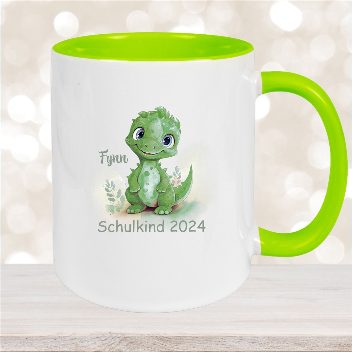 Tasse Schulkind #11 Wunschname Dino #2 Keramik Kinderbecher Personalisiert Grün