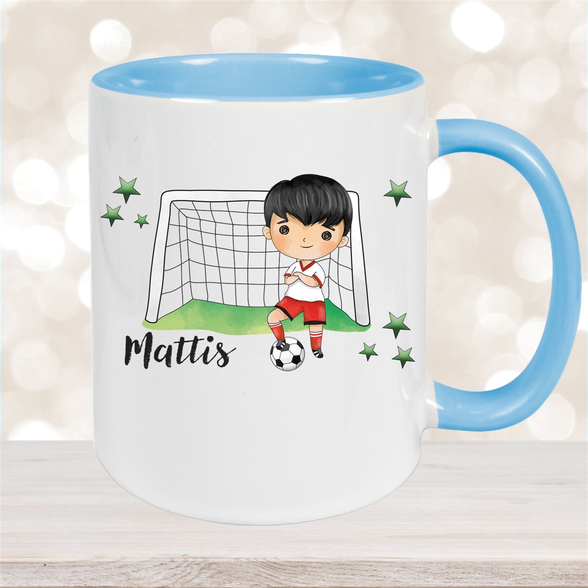 Tasse Fußball #2 Wunschname Keramik Kinderbecher personalisiert Hellblau