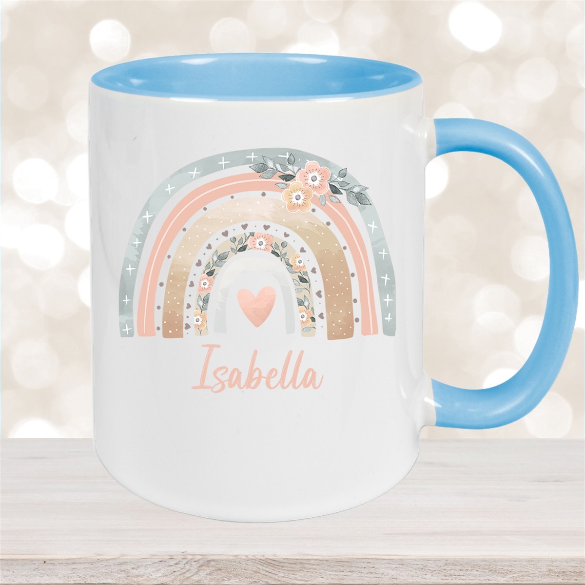 Tasse Wunschname Regenbogen #7 Keramik Kinderbecher Hellblau