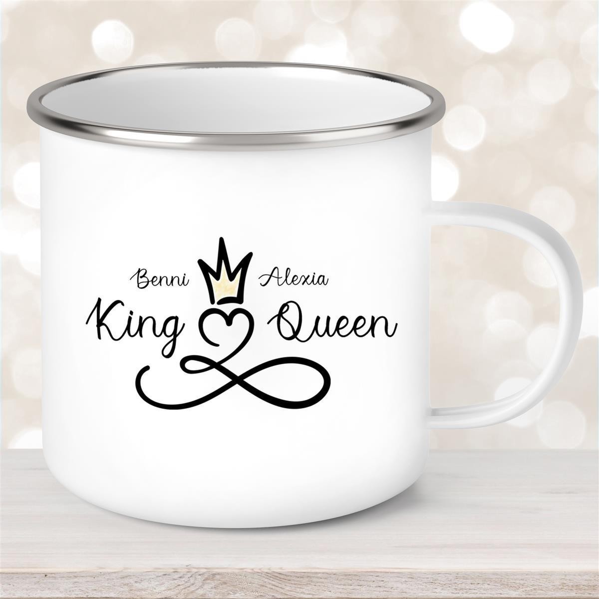 Tasse Liebe - Spruch "King & Queen" Valentinstag Wunschnamen Emaille personalisiert
