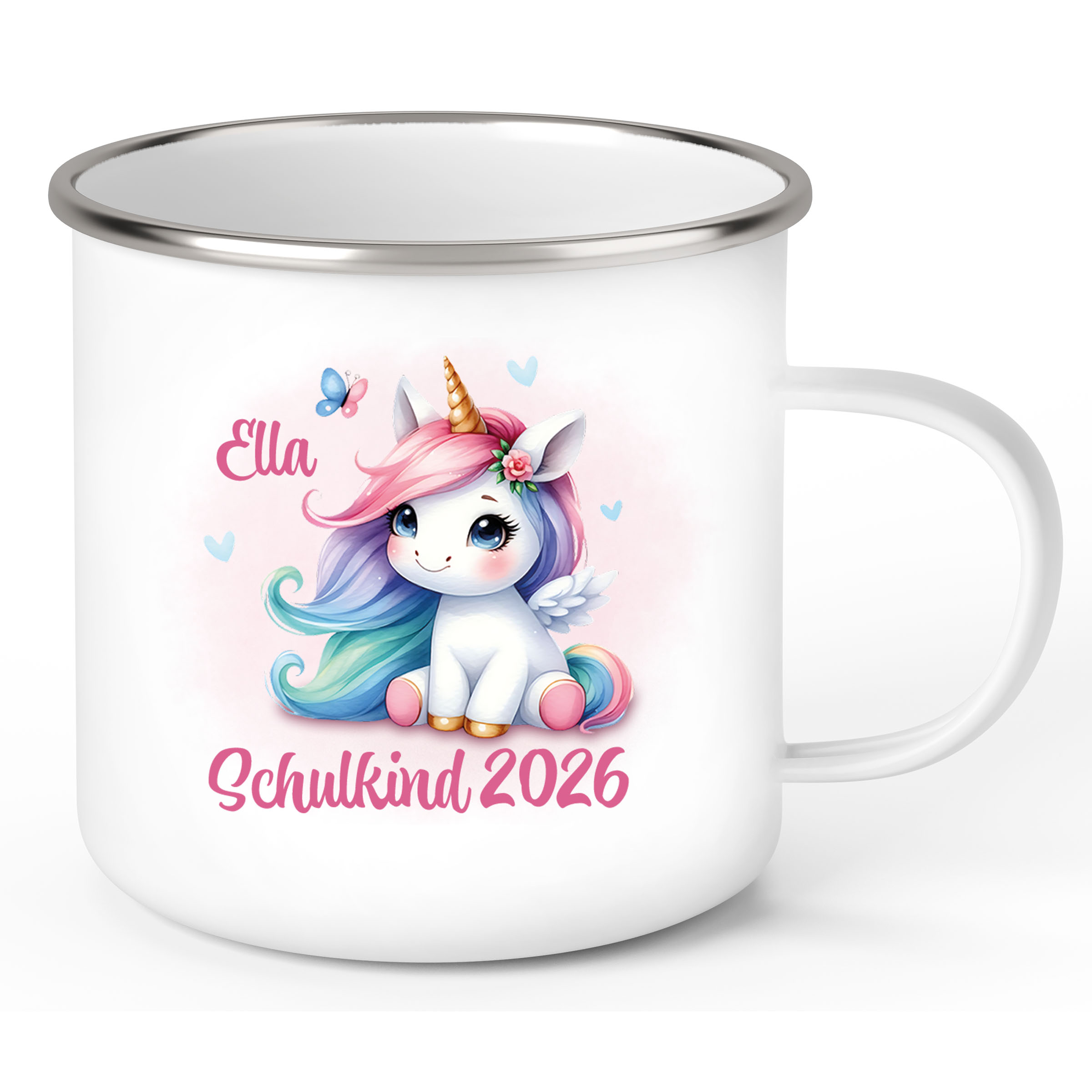 Tasse Schulkind 09 Wunschname Einhorn 2 Emaille Kinderbecher Personalisiert