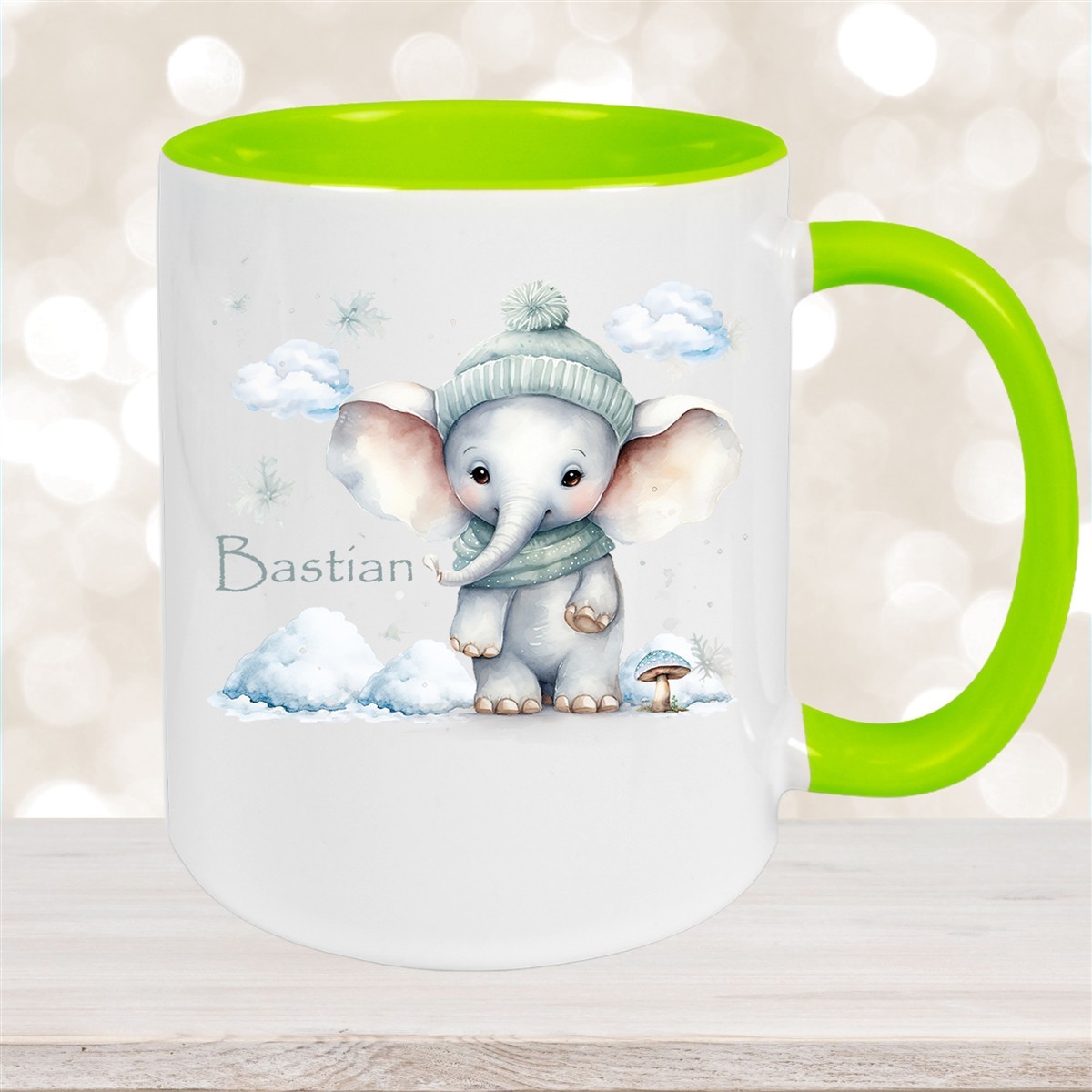 Tasse Wunschname Christmas Elefant #2 Keramik Kinderbecher Grün