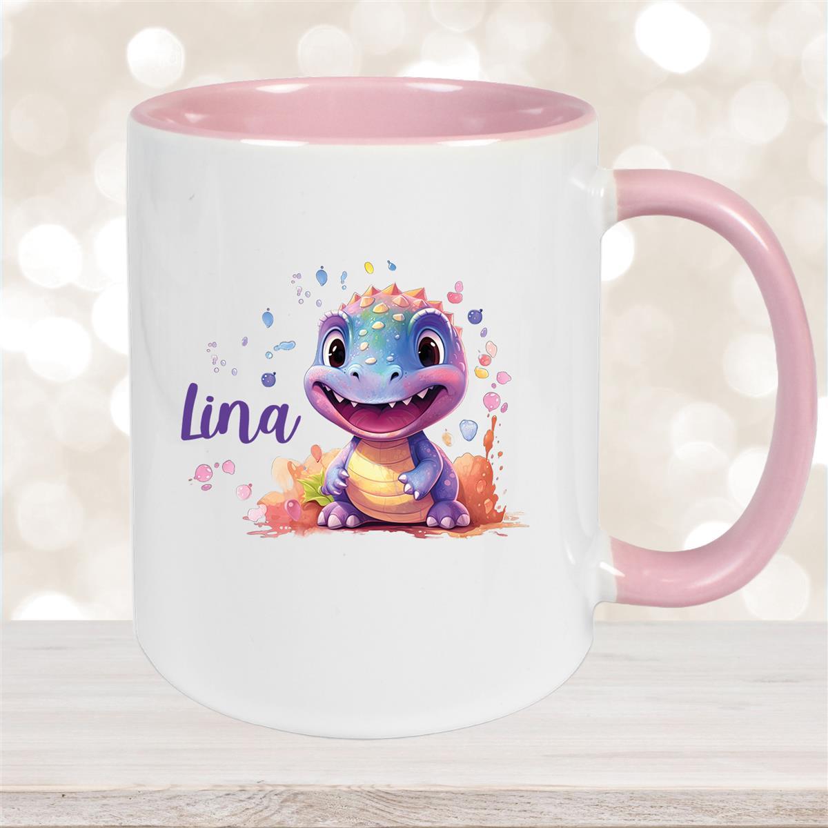Tasse Dino #9 Wunschname Keramik Kinderbecher Personalisiert Altrosa