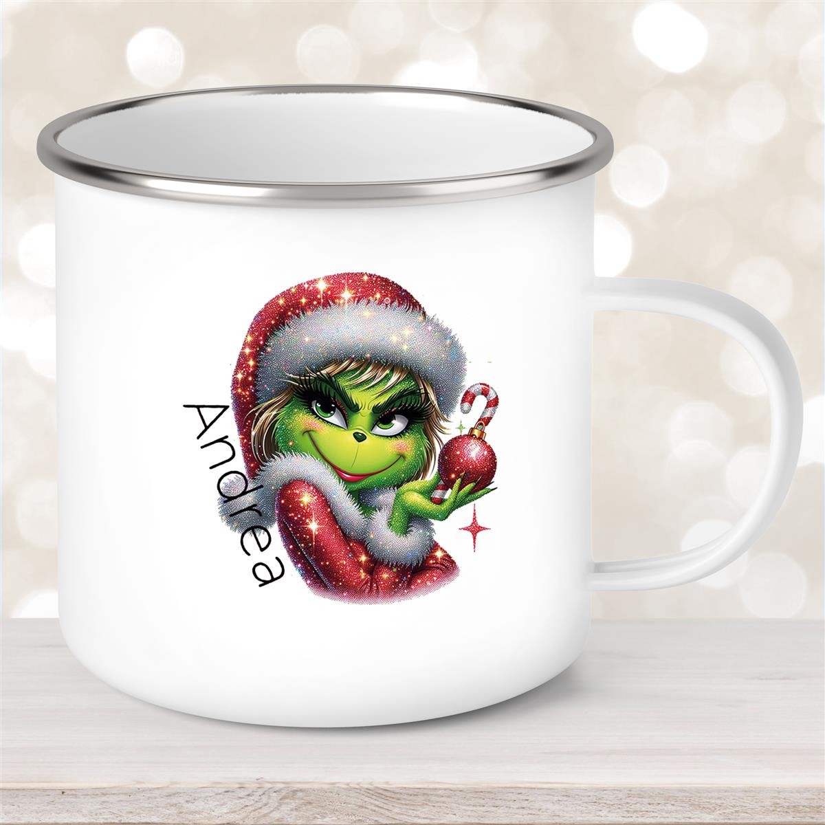 Tasse Wunschname Weihnachten Lady-Grinch #3 Emaille Kinderbecher