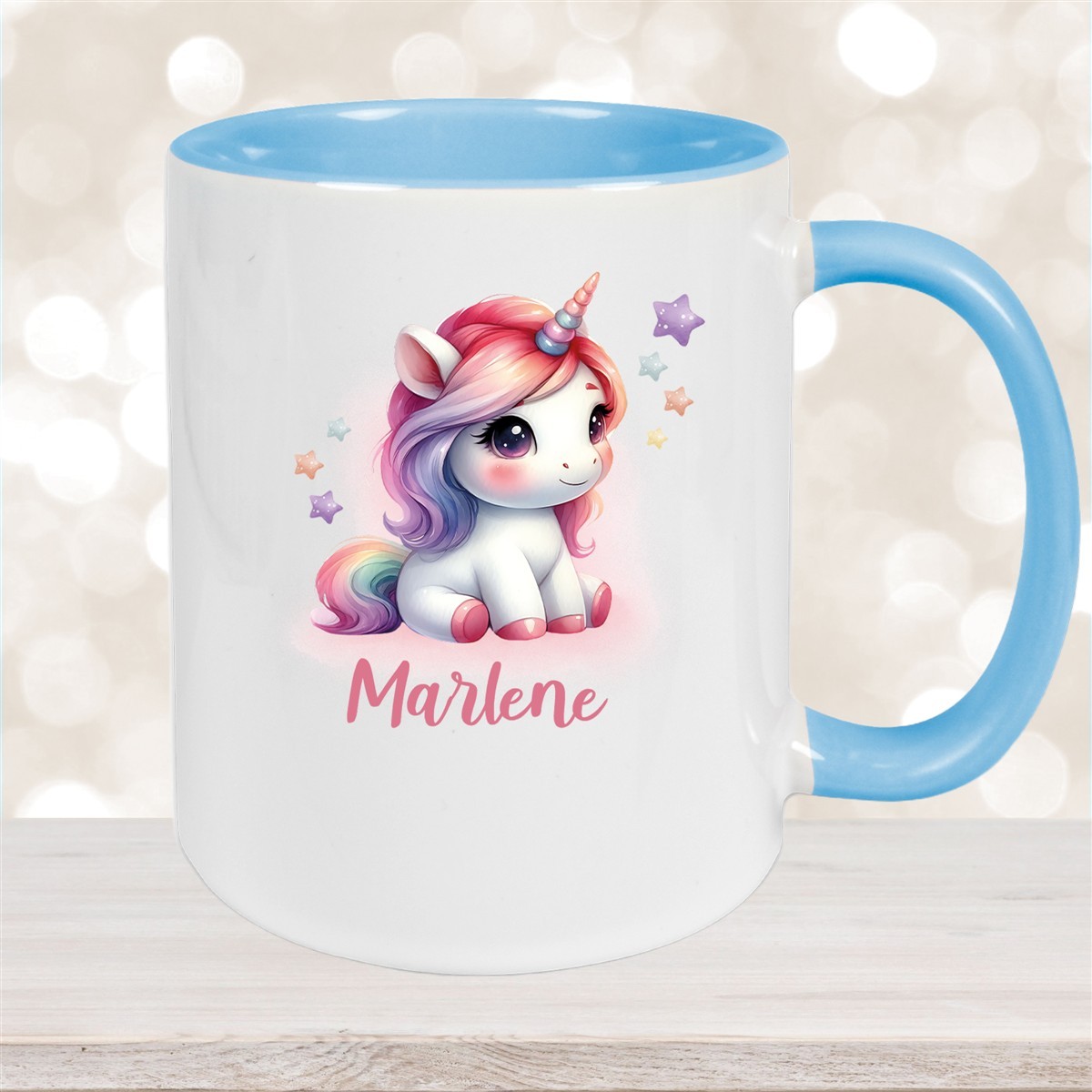 Tasse Einhorn #10 Wunschname Keramik Kinderbecher personalisiert Hellblau