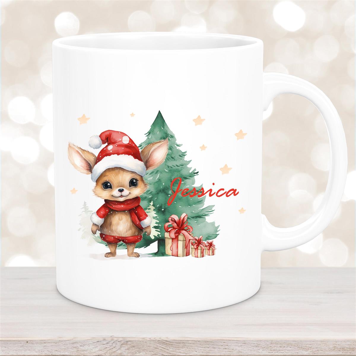 Tasse Wunschname Weihnachten Rehlein-Tannenbaum Keramik Kinderbecher Weiß