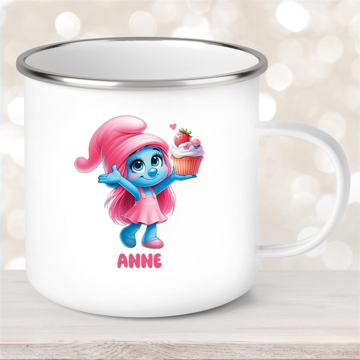 Tasse Kinder Schlumpf #2 mit Muffin Wunschname Emaille Kinderbecher personalisiert