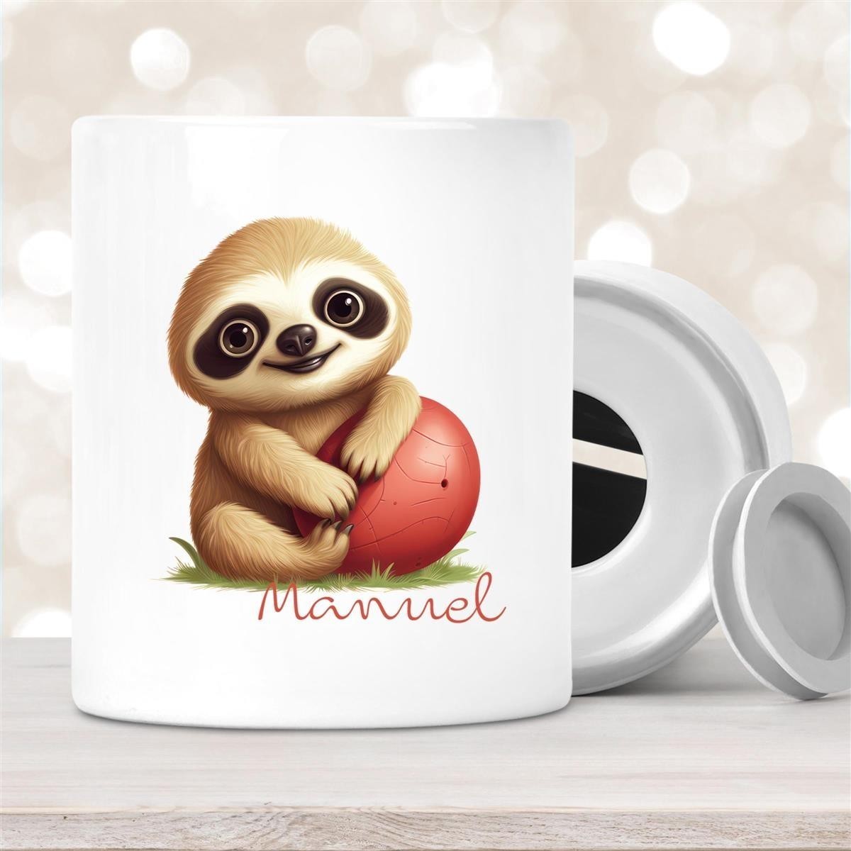 Spardose mit Wunschname Faultier-Ball personalisiert