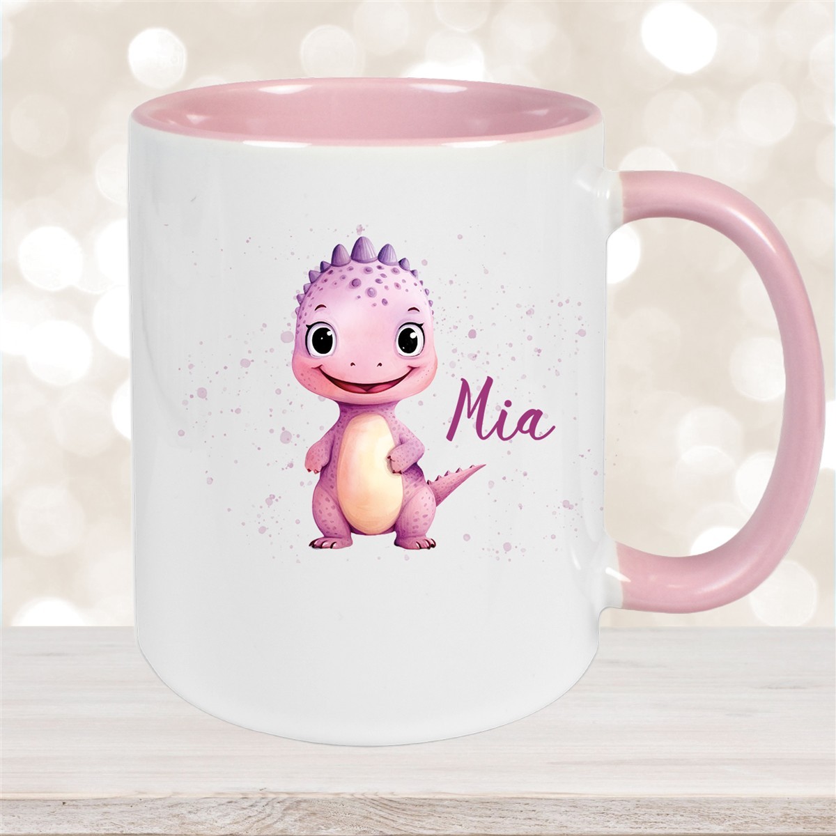 Tasse Wunschname Dino #20 Keramik Kinderbecher Altrosa