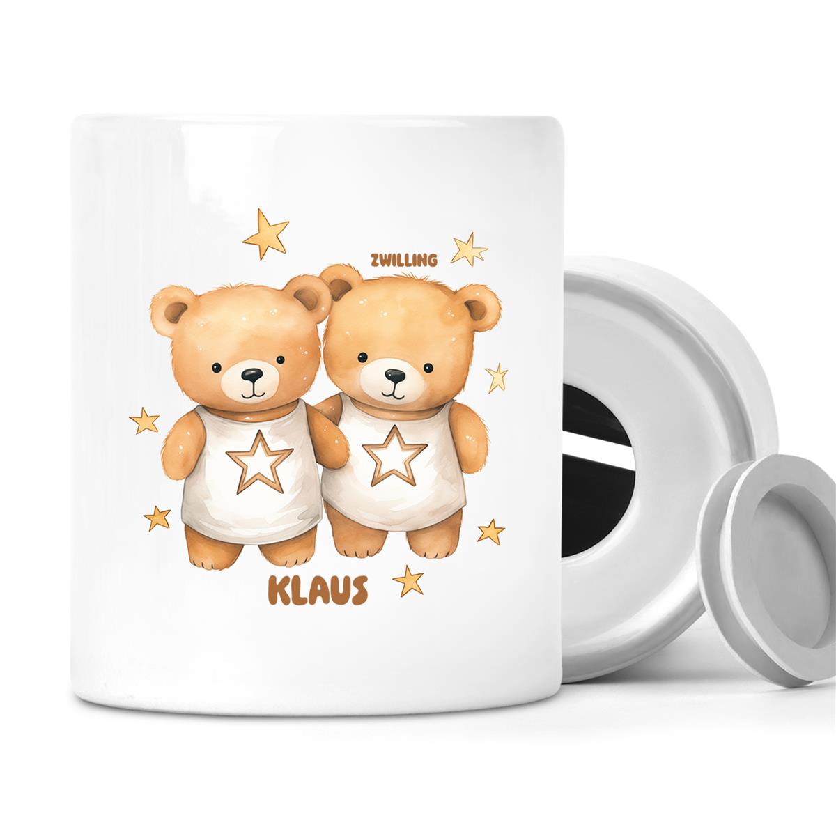 Spardose mit Wunschname Sternzeichen Zwilling 1 personalisiert