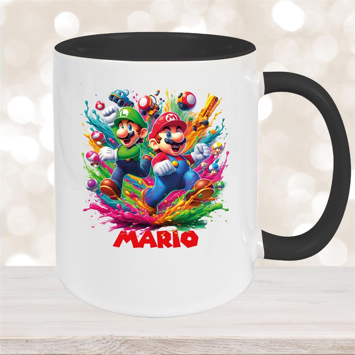 Tasse Wunschname Super-Mario #6 Keramik Kinderbecher personalisiert Schwarz