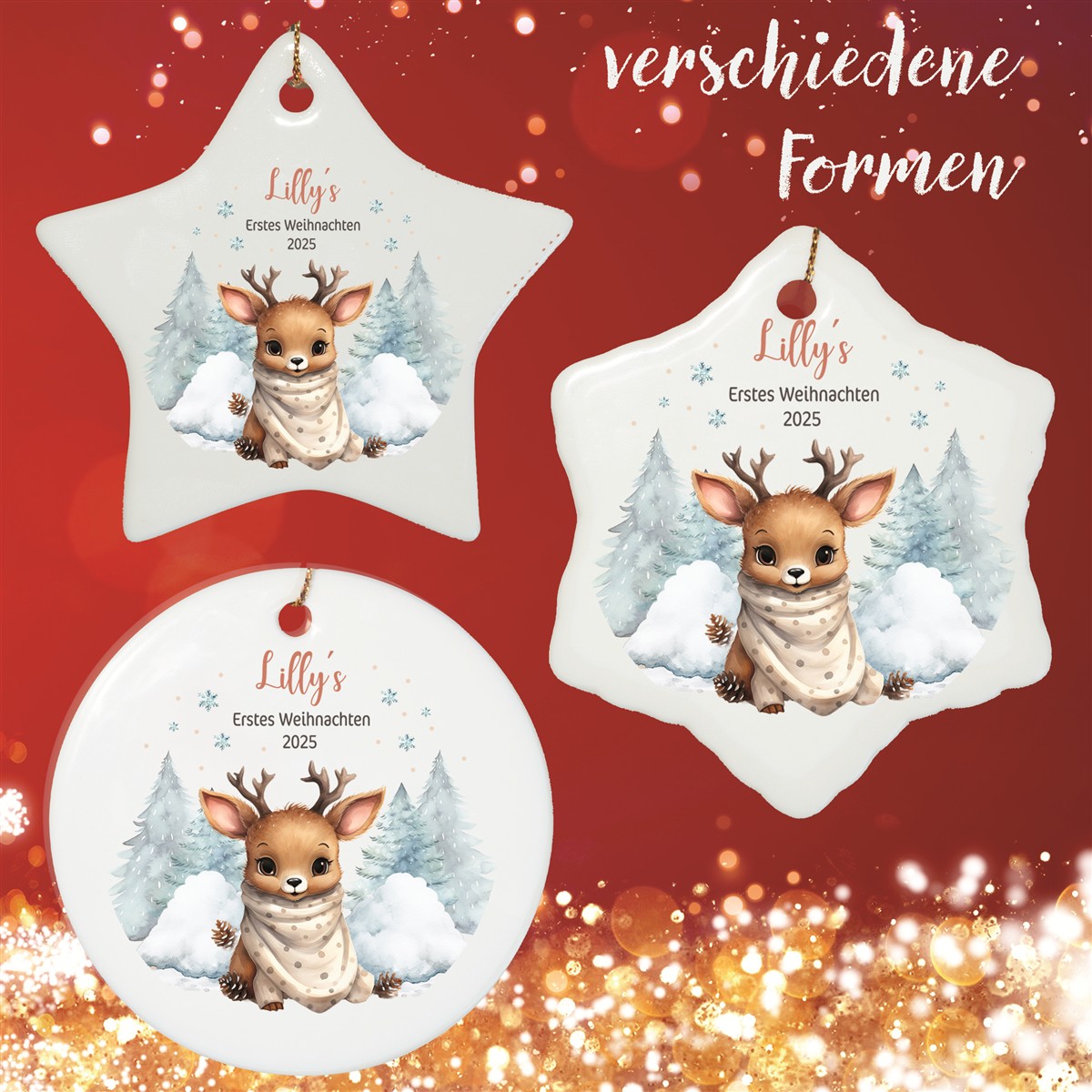 Christbaumanhänger Weihnachten Rentier Baby #1 Ornament Christbaumschmuck Rund