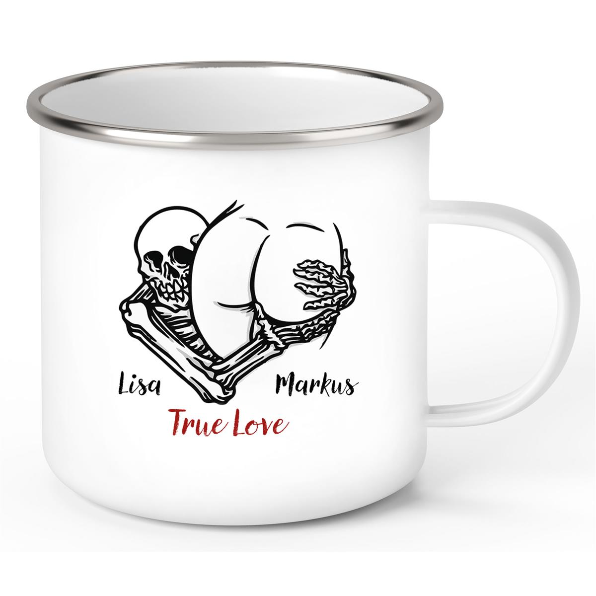 Tasse Totenkopf True Love Valentinstag 7 Wunschnamen Emaille personalisiert