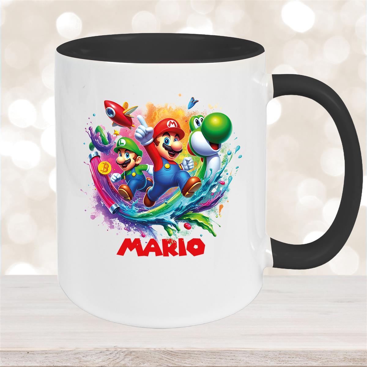 Tasse Wunschname Super-Mario #2 Keramik Kinderbecher personalisiert Schwarz