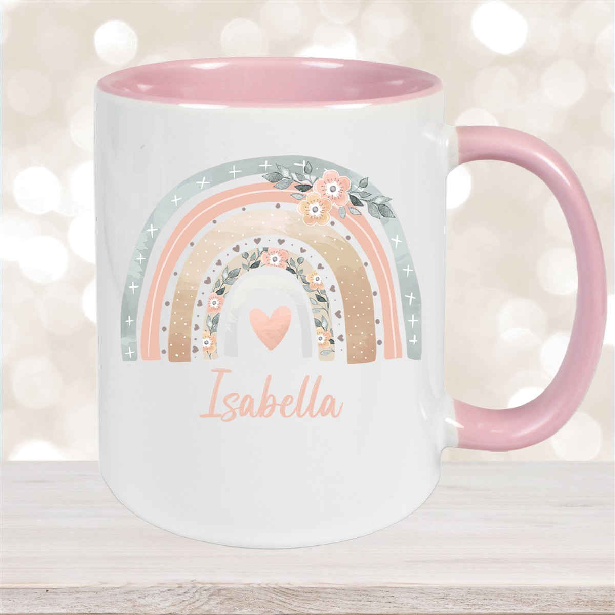 Tasse Wunschname Regenbogen #7 Keramik Kinderbecher Altrosa