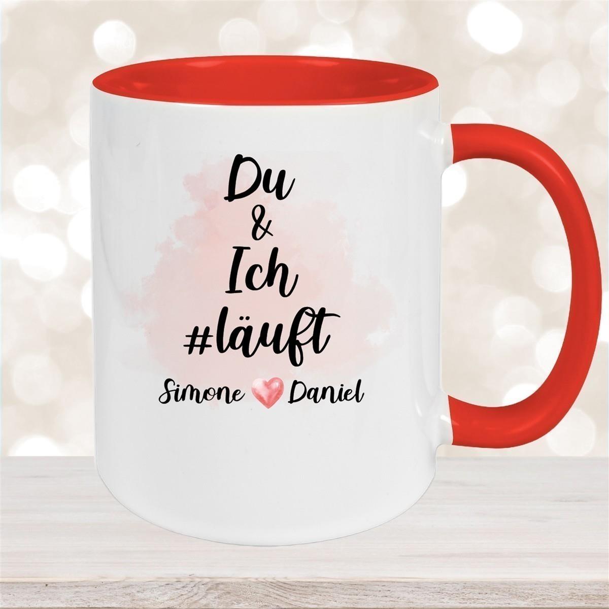 Tasse Spruch "Du & Ich Läuft" Valentinstag 8 Wunschnamen Keramik personalisiert versch. Farben