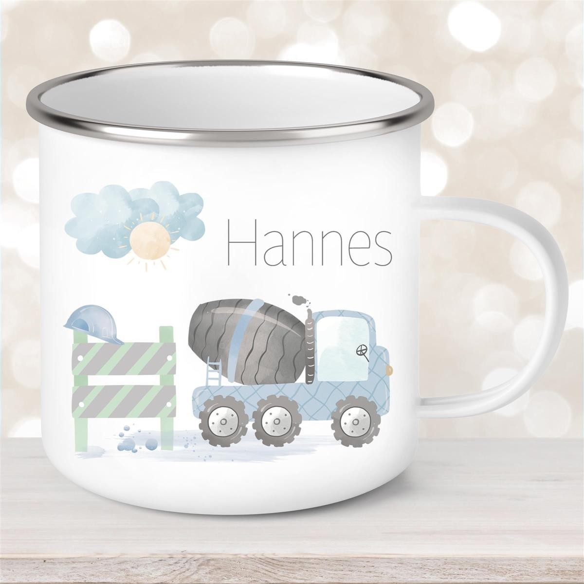 Tasse Wunschname Baustelle Betonmischer #1 Emaille Kinderbecher