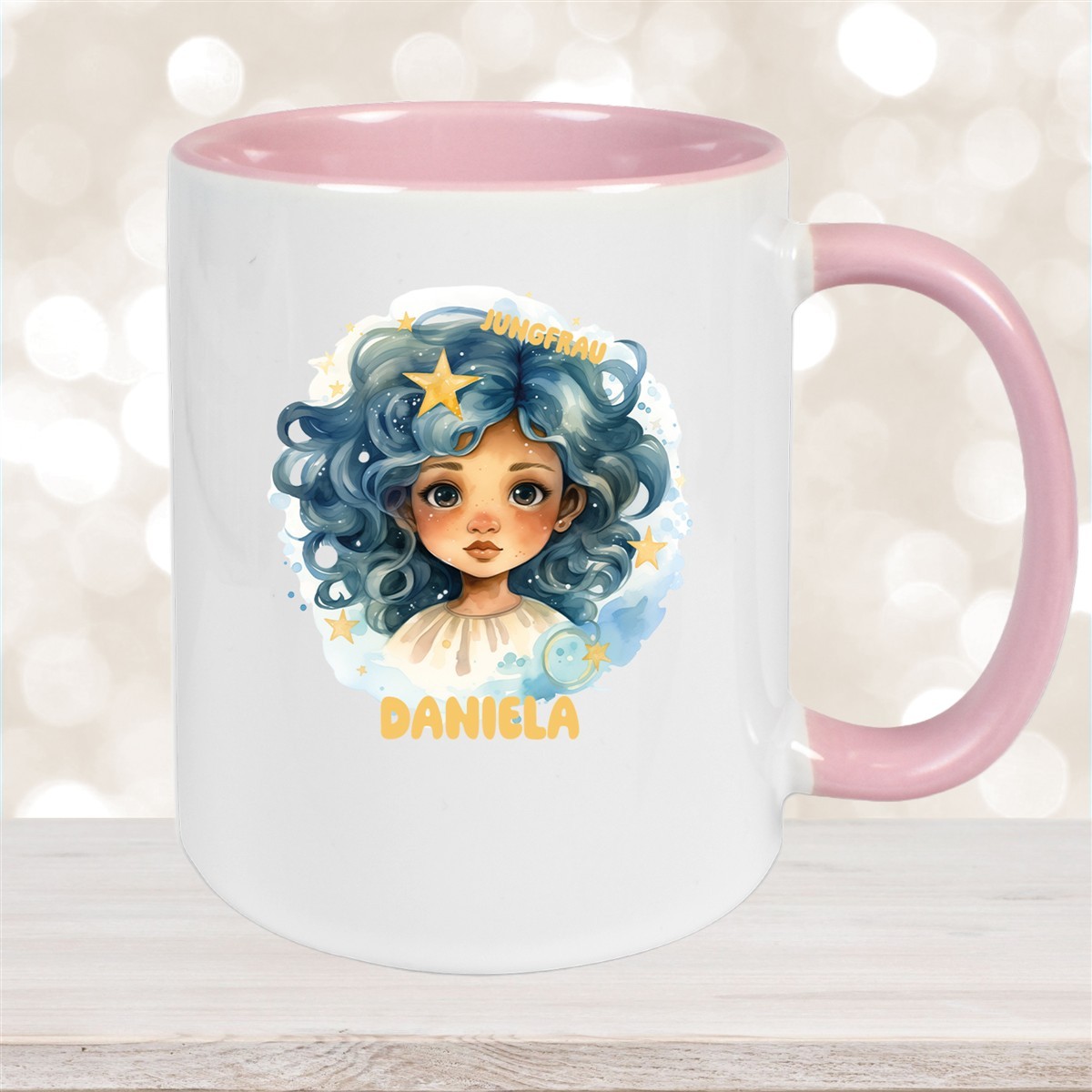 Tasse Sternzeichen Kinder Jungfrau #1 Wunschname Keramik Kinderbecher personalisiert Altrosa