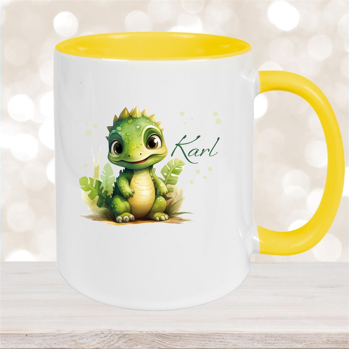 Tasse Dino #16 Wunschname Keramik Kinderbecher Personalisiert Gelb