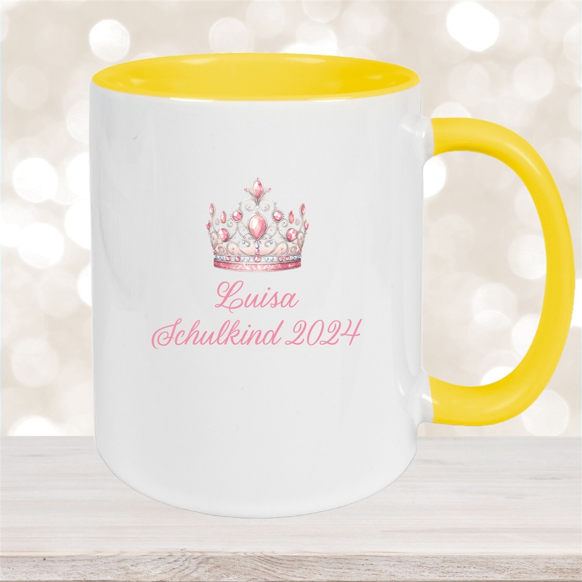 Tasse Schulkind #15 Wunschname Prinzessin#1 Keramik Kinderbecher Personalisiert Gelb