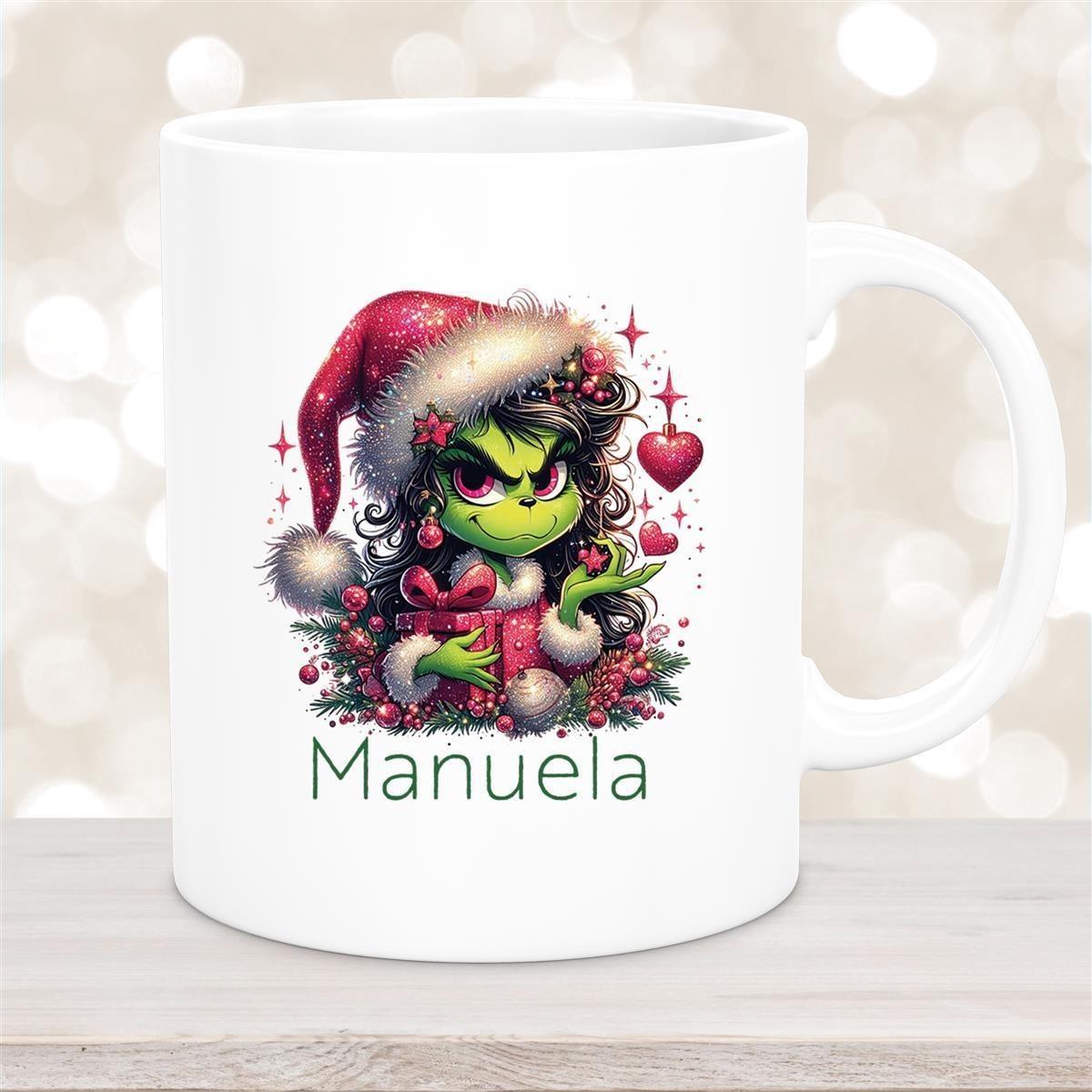 Tasse Wunschname Weihnachten Lady-Grinch 2 Keramik Kinderbecher versch. Farben