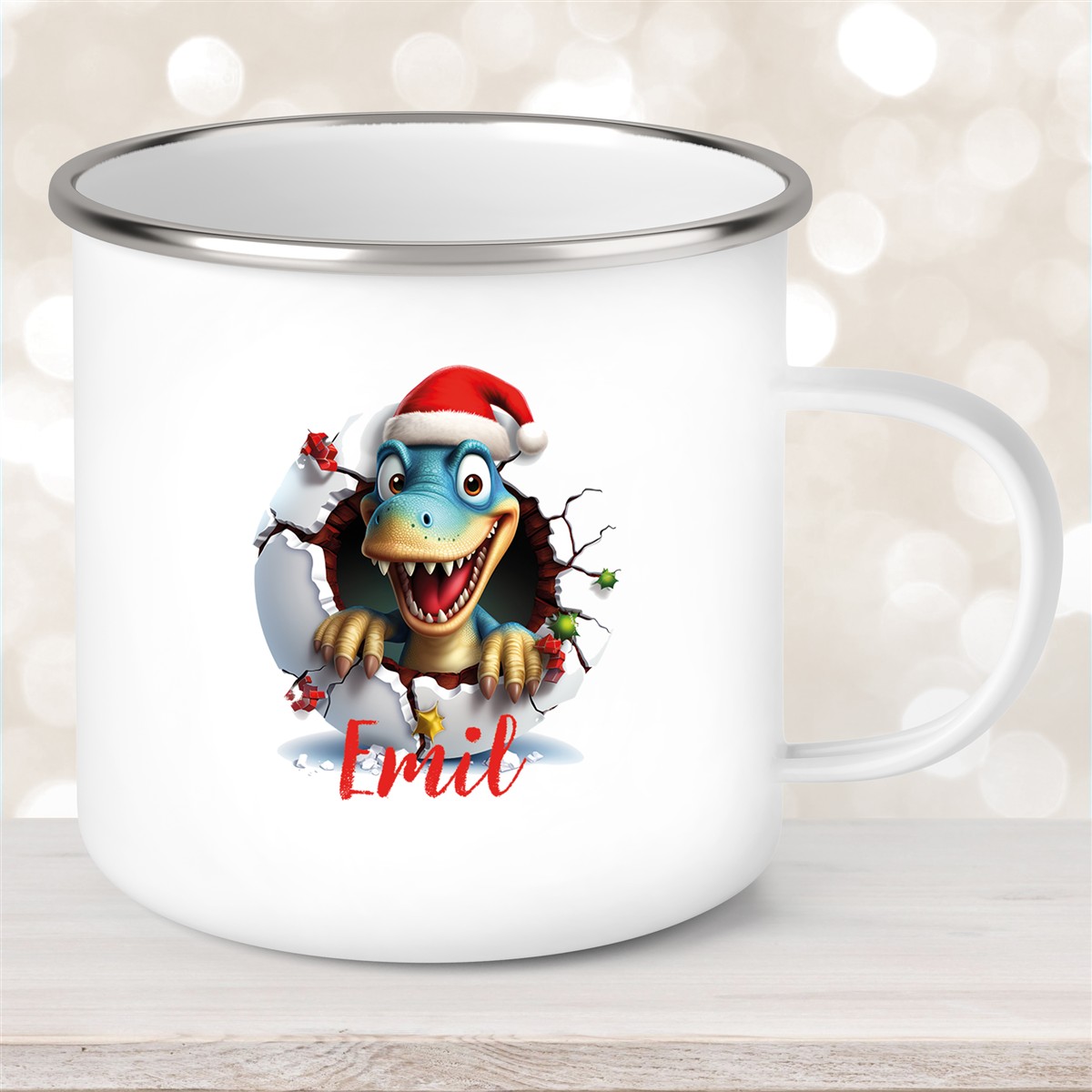 Tasse Wunschname Christmas Dino #2 Emaille Kinderbecher