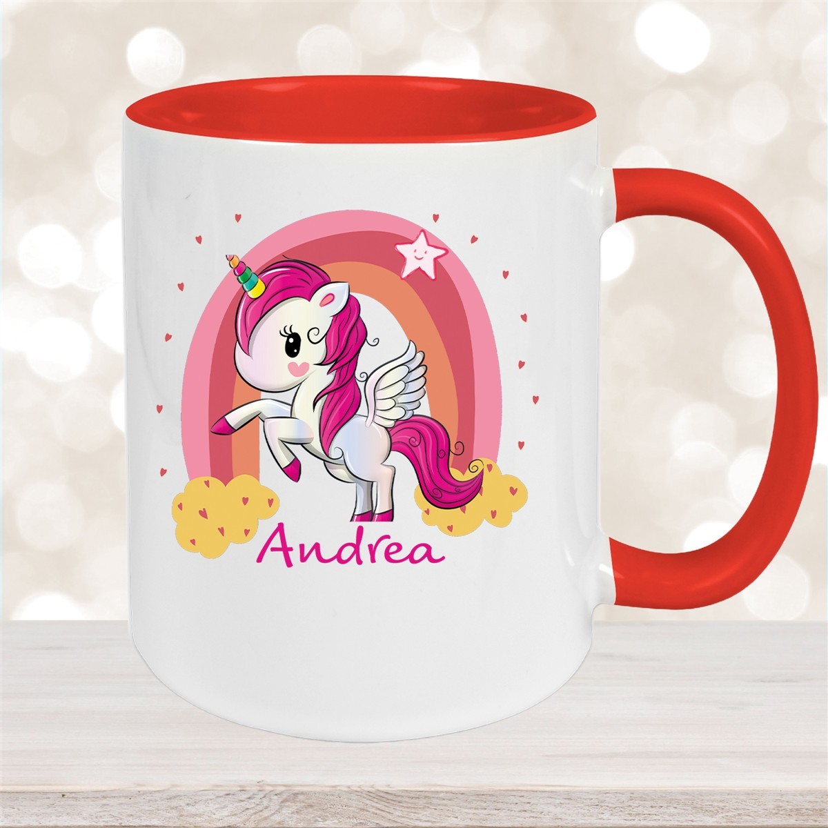 Tasse Wunschname Regenbogen-Einhorn Keramik Kinderbecher personalisiert Rot