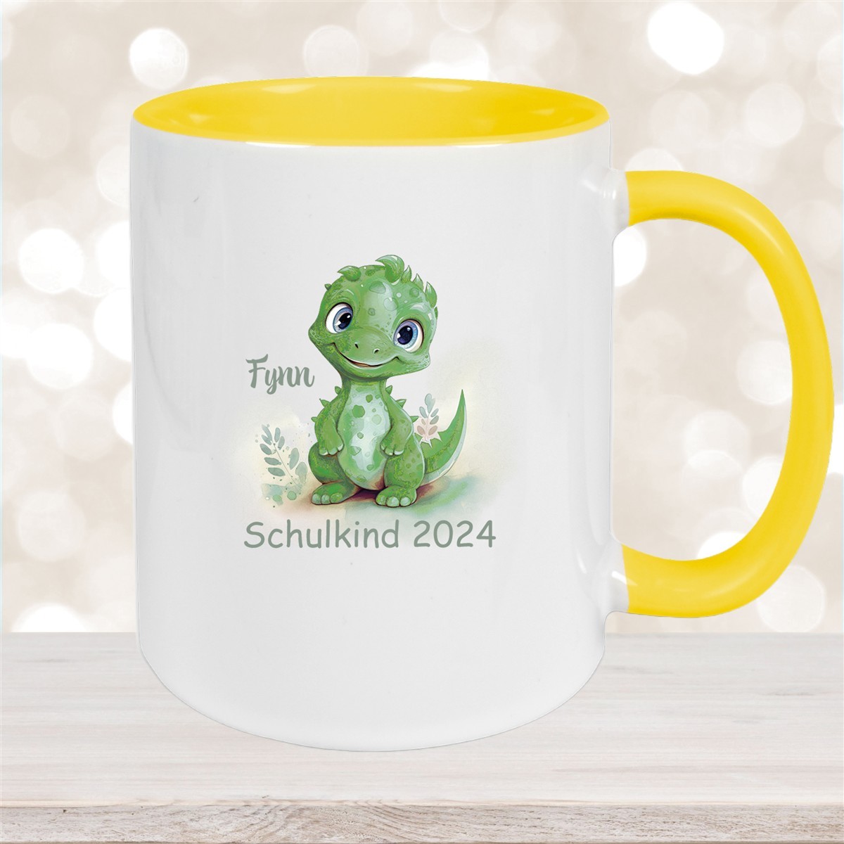 Tasse Schulkind #11 Wunschname Dino #2 Keramik Kinderbecher Personalisiert Gelb