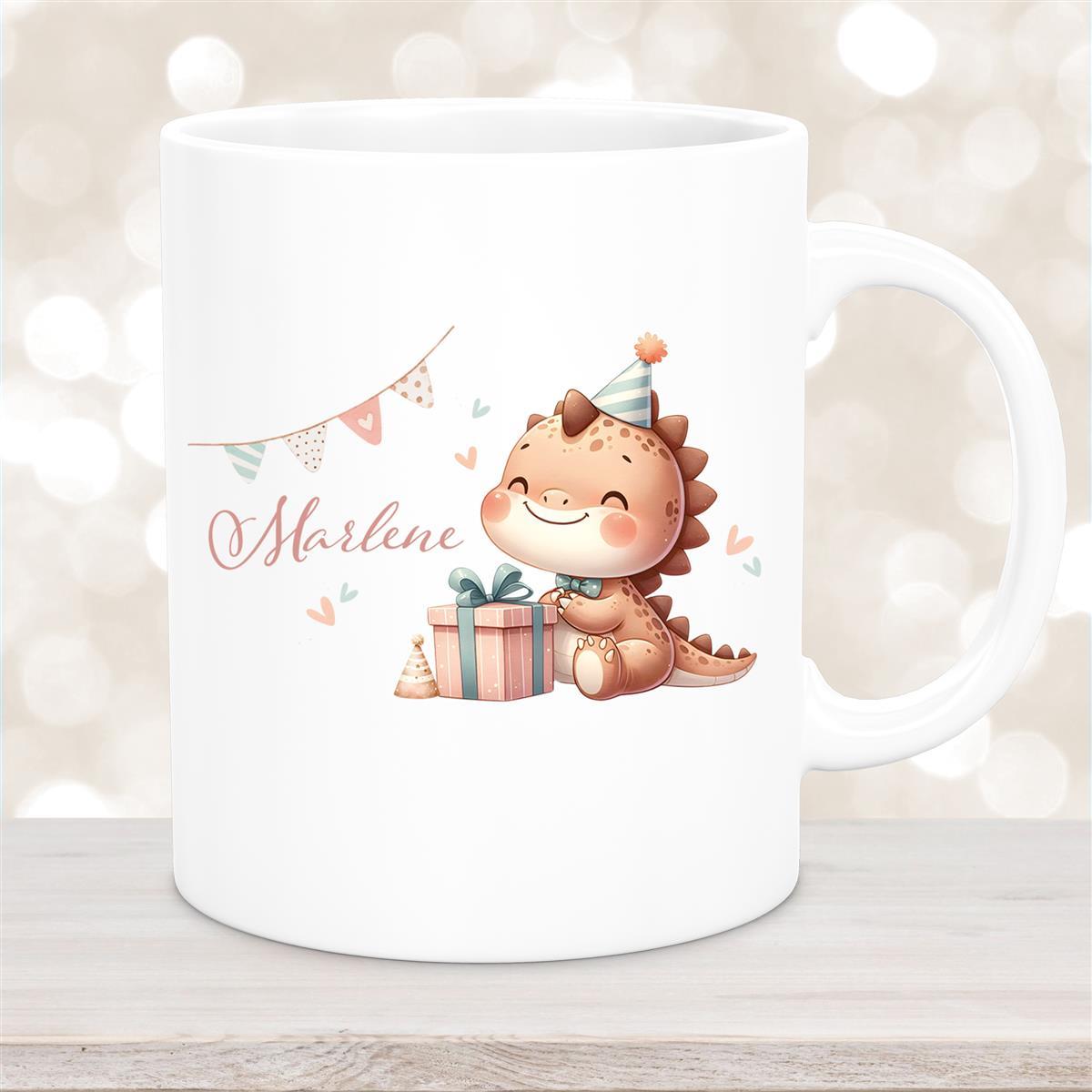 Tasse Dino #18 Wunschname Keramik Kinderbecher Personalisiert Weiß