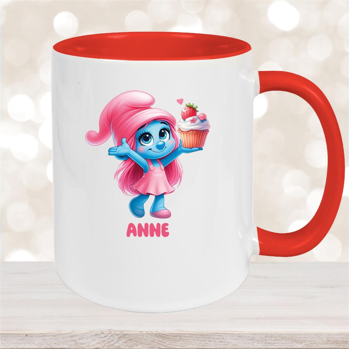 Tasse Kinder Schlumpf #2 mit Muffin Wunschname Keramik Kinderbecher personalisiert versch. Farben Rot