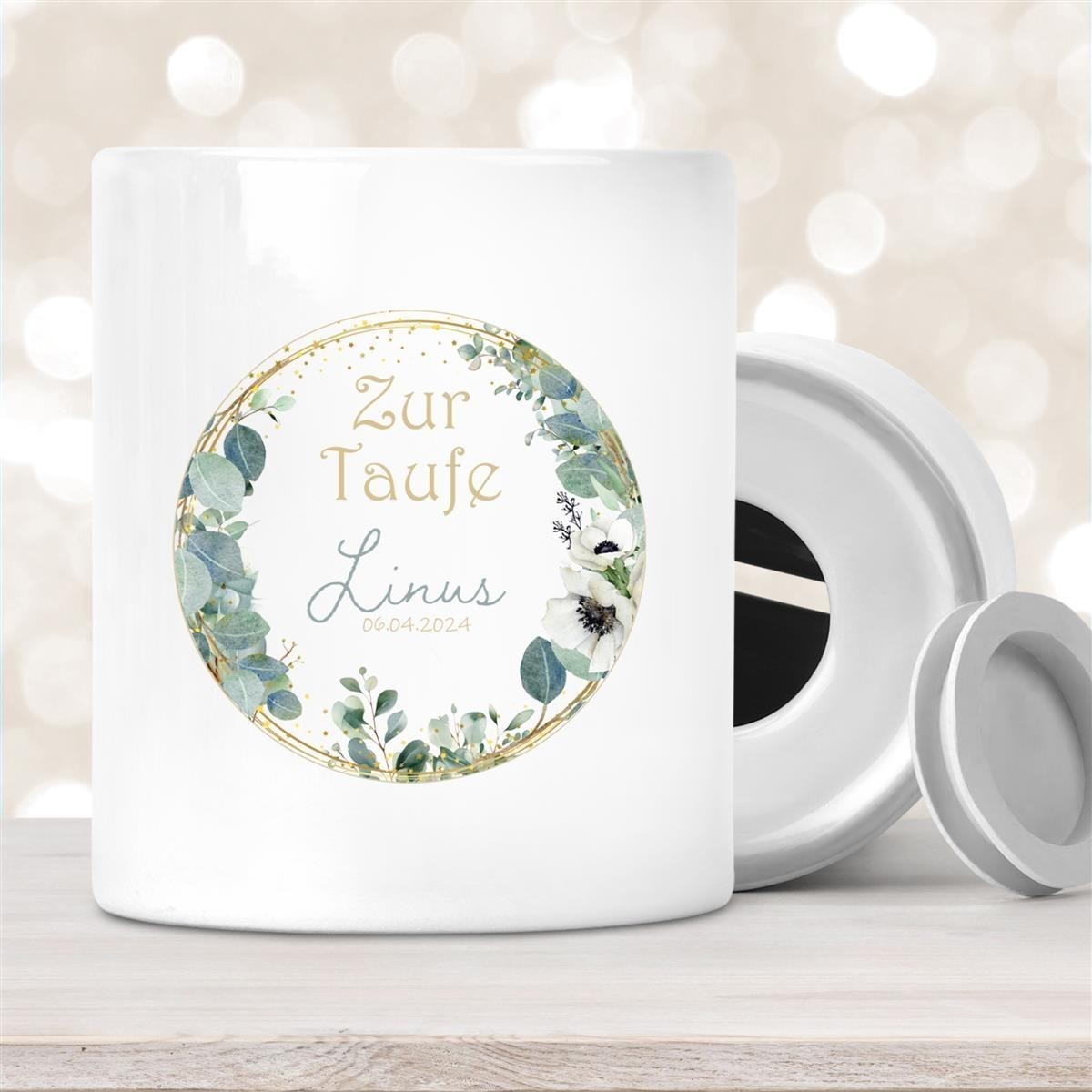 Spardose mit Wunschname Taufe Kreuz #2 personalisiert