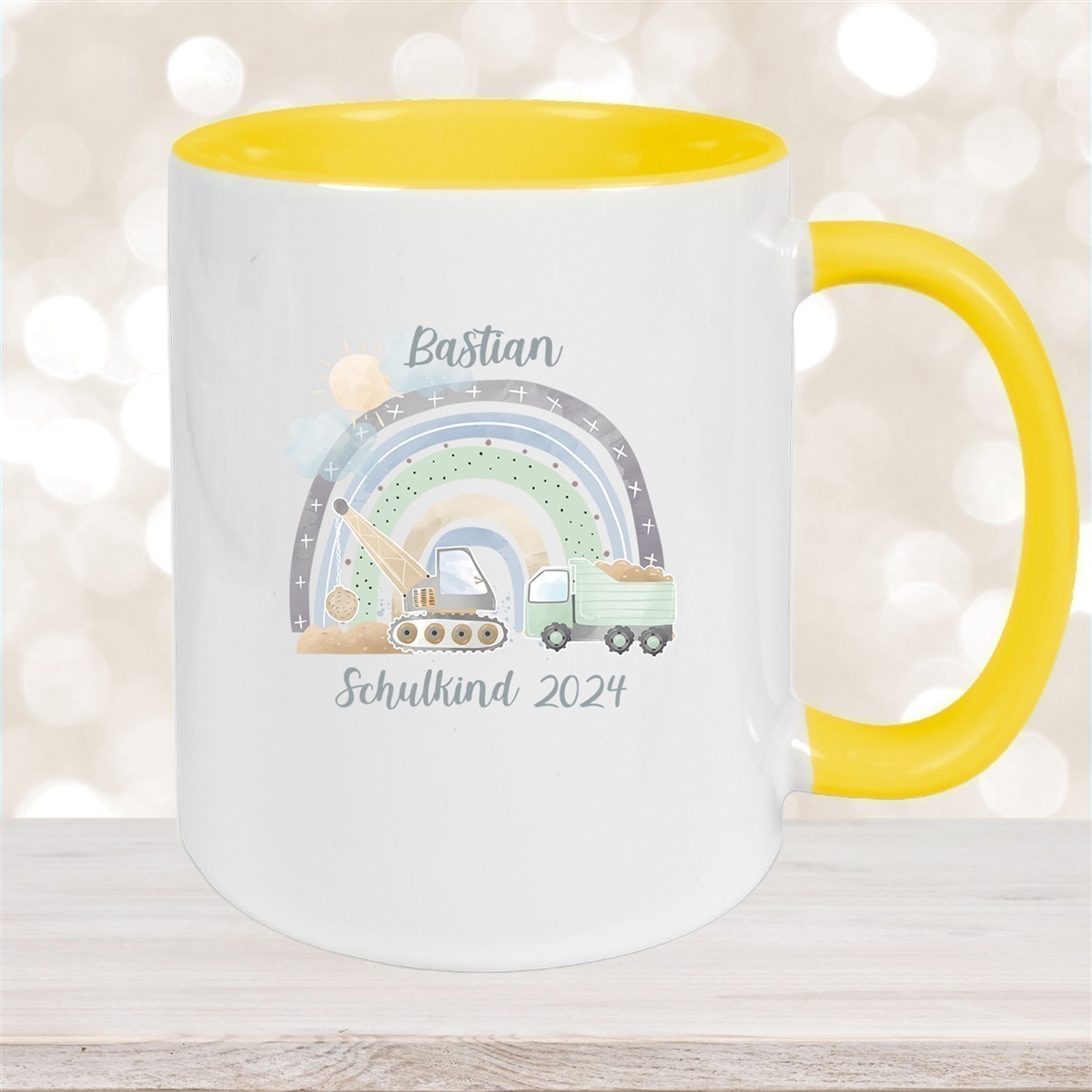 Tasse Schulkind #08 Wunschname Rainbow Baustelle Keramik Kinderbecher Personalisiert versch. Farben